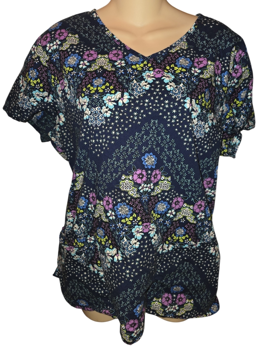 Scrubstar Navy Floral V-Neck Scrub Top Womens Large With Pockets
